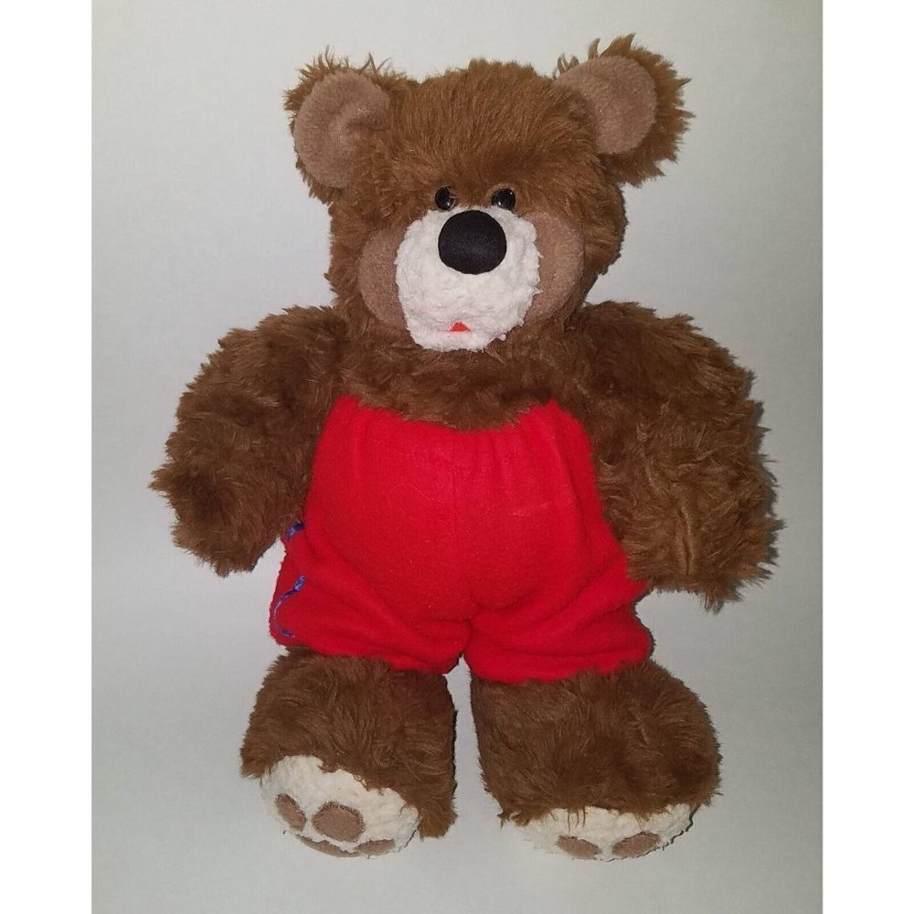 VTG Brown Teddy Bear Plush 17" Stuffed Animal Red Blue Pants ToyLady Press 1982